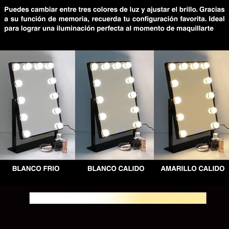 Espejo Tocador LED con 12 Luces - 3 Tonos de Luz - Maquillaje Profesional USB 360°